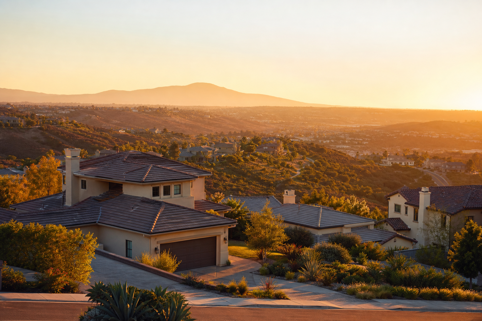 San Diego East County hillside home neighborhood at golden hour
